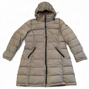 ANDREW MARC Women’s Ultra Light Mid-Length Puffer Jacket with Hood in Grey – Siz